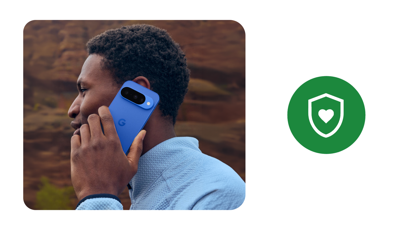 Ponsel Google Pixel 9 dan 10 dengan ikon perlindungan Pixel Care Plus serta proses pemeriksaan kondisi