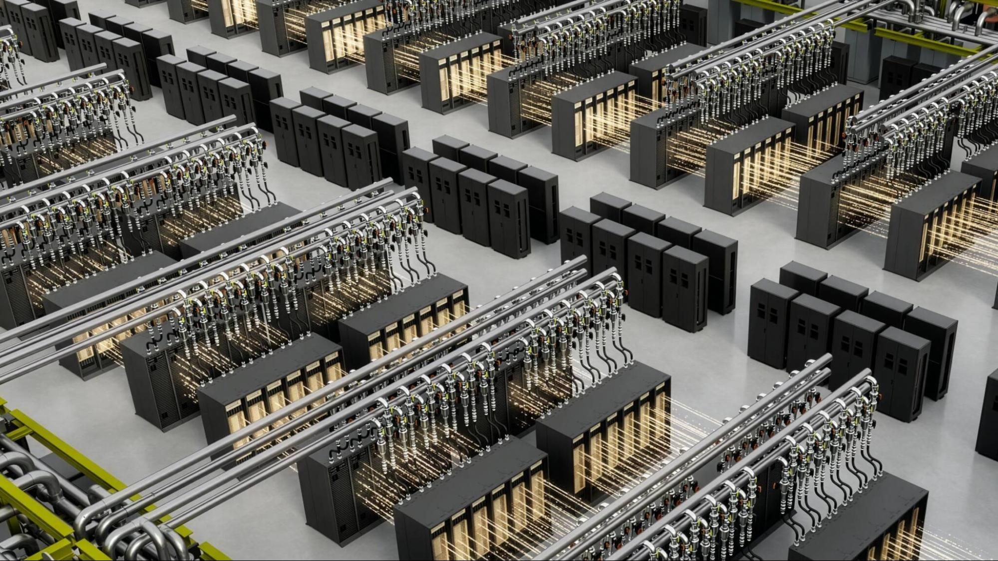 Rack AI NVIDIA Blackwell dengan grafik throughput token per watt, latency, dan konsumsi energi
